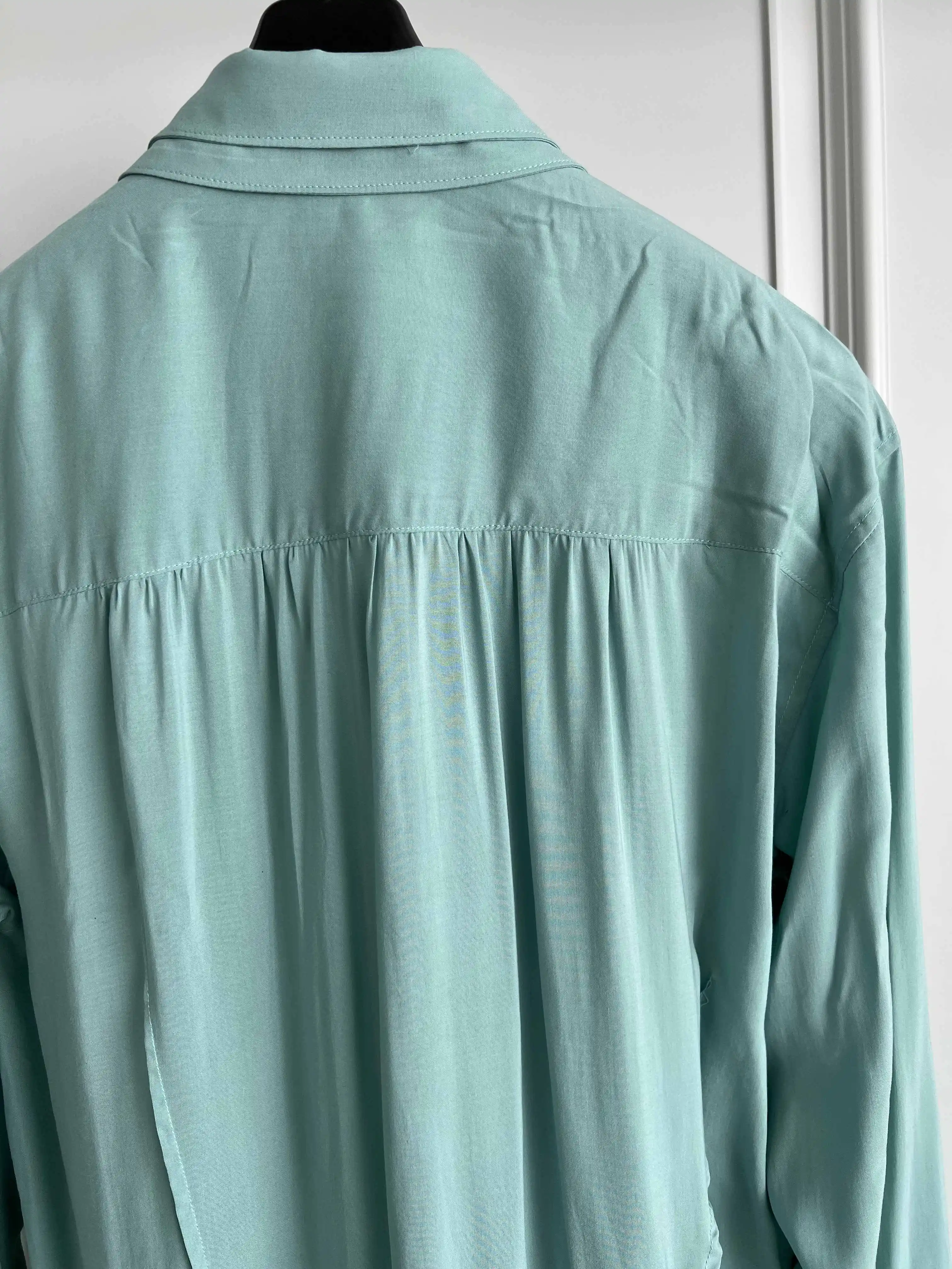 TOP-YAMAMOTO's original design of green fixed dyeing recycled fiber deconstructed irregular shirt for men