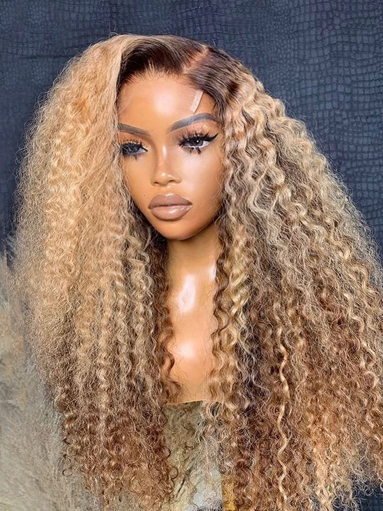 Ombre Honey Blonde Highlight Wig Human hair 4*4 13*4 13X6 Transparent Kinky Curly Lace Front Wigs with Brown Roots view 3