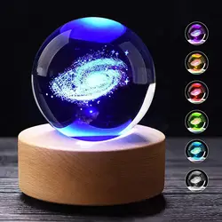 Creative crystal ball Planet Globe 3D Laser Engraved Solar System Ball Solid Wood Base Luminous Crystal Led Light Small Ornament