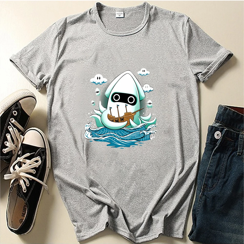 Seeyoushy Cartoon Squid Print Interesting Printed Top Summer Women's Short Sleeve O-neck Casual Tshirt Harajuku Trend Streetwear