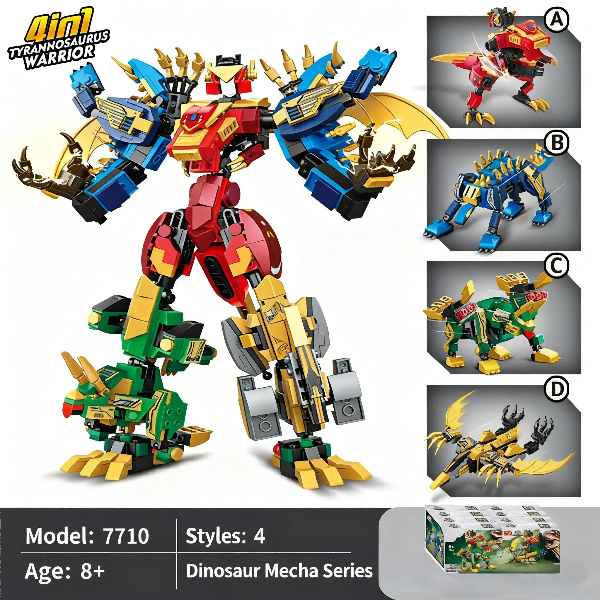 4-in-1-Dinosaurier-Transformator-Bausteine – T-Rex-Roboter Jurassic Mech-Modellbausatz, STEM-Spielzeug, Geschenk für Jungen im Alter von 6–8, 10–12 Jahren