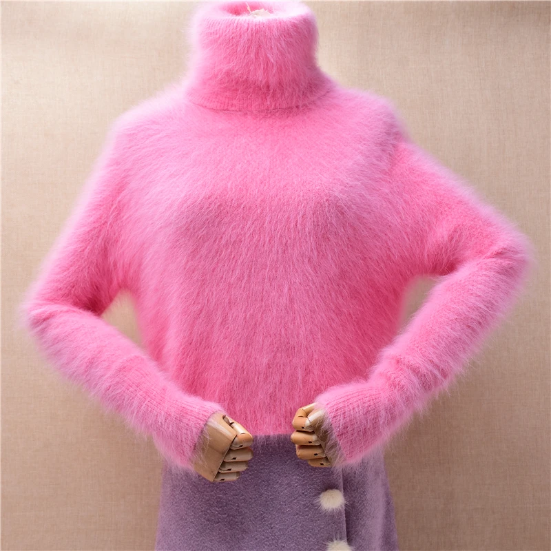 Ladies Women Autumn Winter Clothing Pink Hairy Angora Rabbit Hair Knitted Crop Top Short Style Slim Blouses Pullover Sweater Top