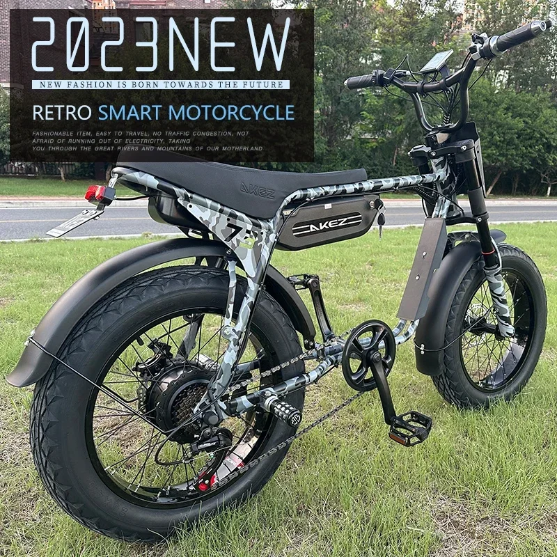 Akez-Electric Motorcycle Bike with 2 Seats 20*4.0 Fat Tire Off-Road Ebikes 1500W 48V 18AH 20 in 2023 electric bicycle New Fatbik