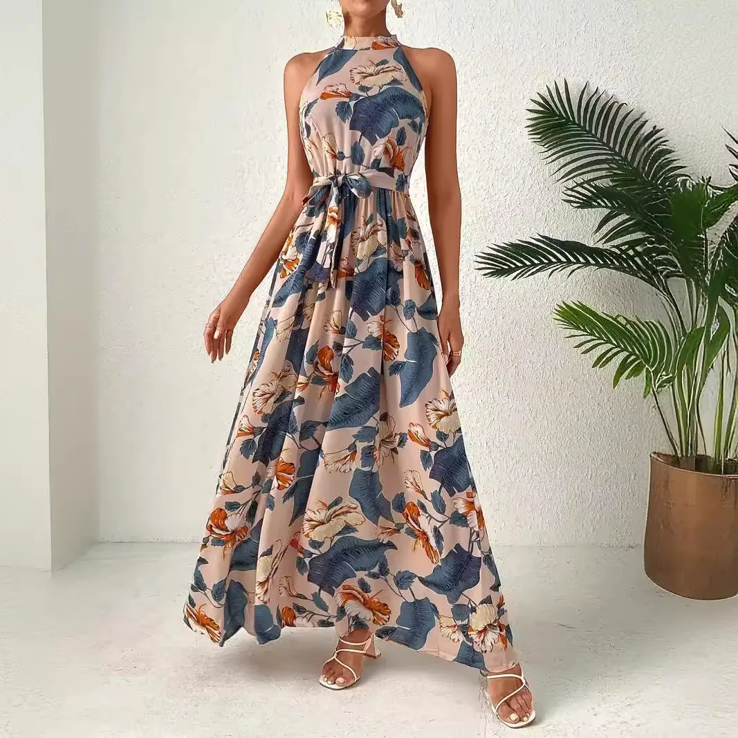 

Early Autumn TUME Dress New Women's Printed Retro Hanging Neck Bohemian Style High Waist Hanging Neck Dress For Women 원피스