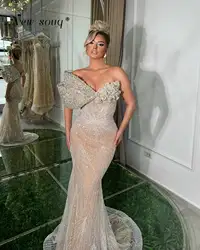 Sparkling Nude Champagne One Shoulder Mermaid Party Dresses 2024 Arabic Sleeveless Long Wedding Evening Gowns Fashion Abiye