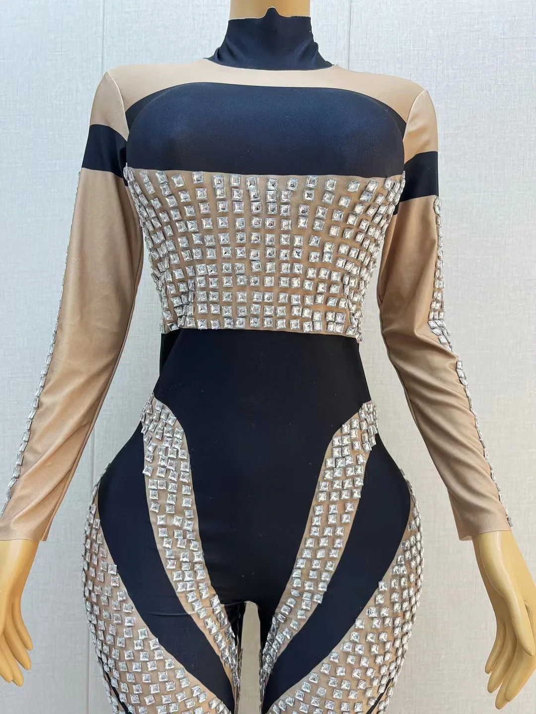 Sexy Bühne Silber Strass Nude BlackJumpsuit Overall Abend Geburtstag Feiern Kostüm Leggings FotoshootingJumpsuit C183