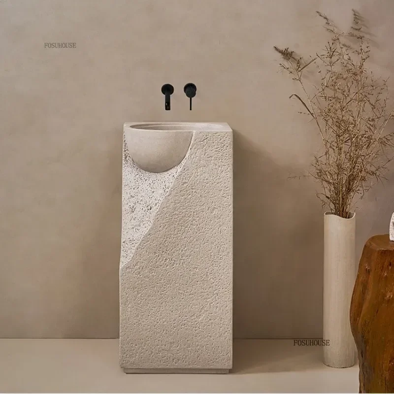 Wabi-sabi Pedestal Sinks Cream Style Designer Basin Floor-to-ceiling Integrated Art Wash Basin Stone Creative Face Sink