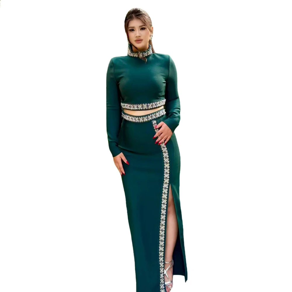 

Women Spring Autumn New Long Sleeve Tops Beading Skirts Two Pieces Sets Party Bandage Sets