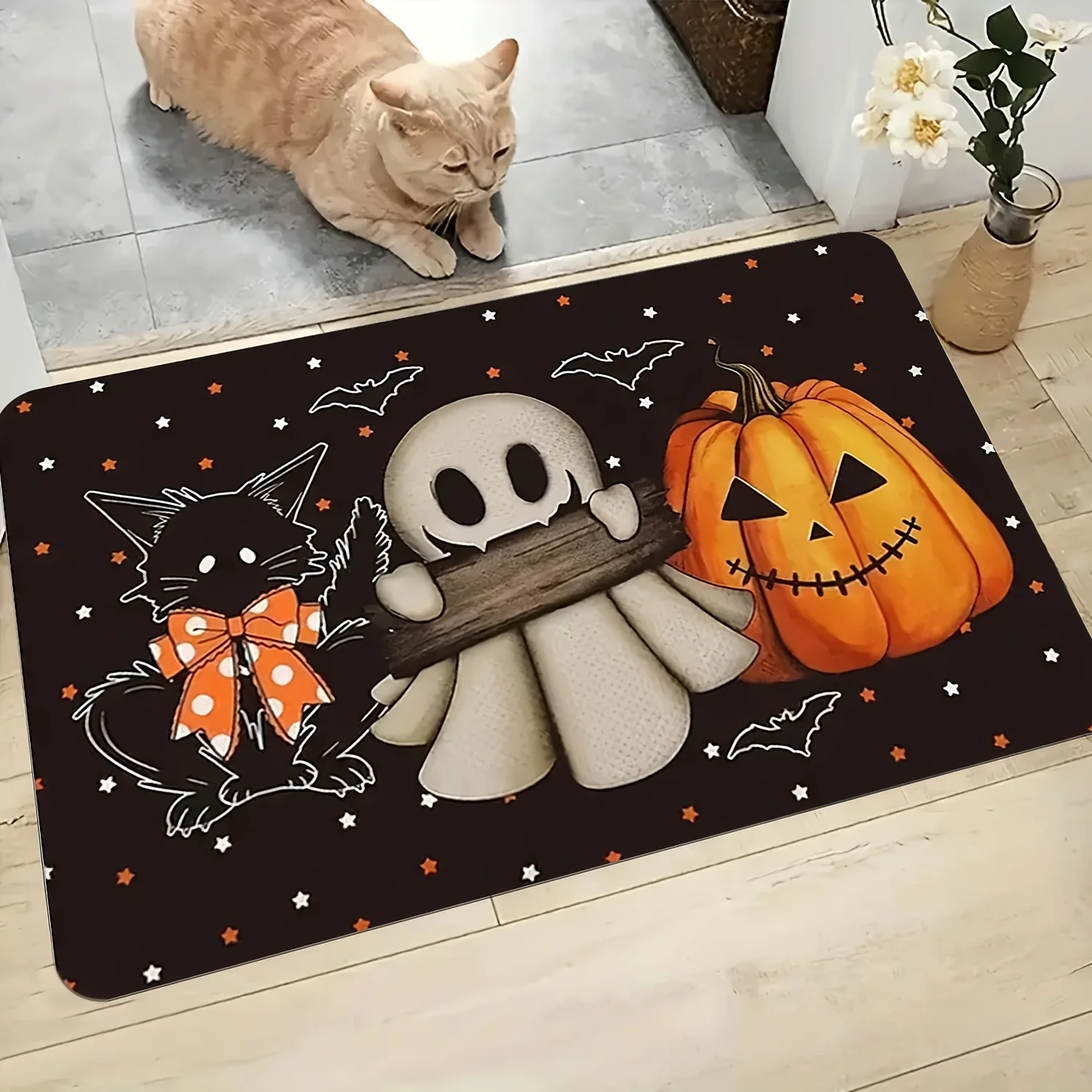 Festive Halloween 2D printed entrance mat with black cat ghost pumpkin and star motifs for retail store seasonal decoration