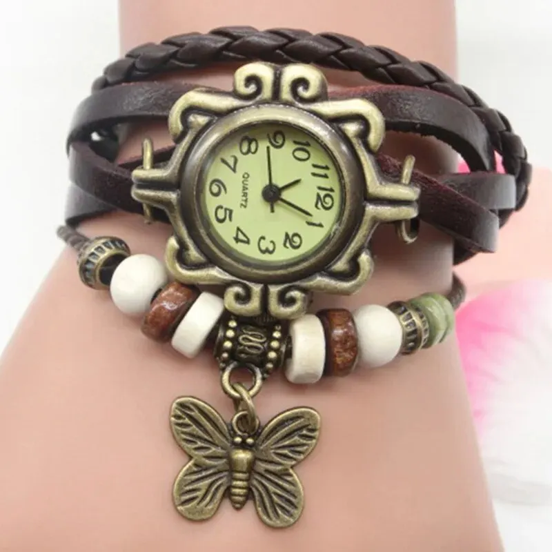 Fashion Retro Leather Strap Butterfly Pendant Women Bracelet Watch