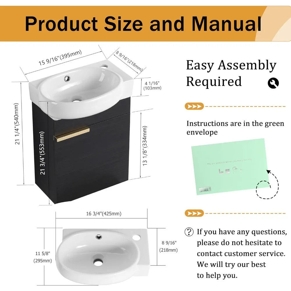 vaidade contemporânea de parede de 16" com pia integrada e armário preto