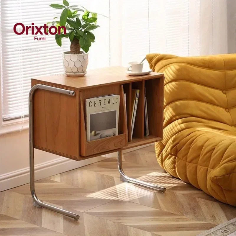 Nordic Wood Sofa table Book Organizer with wheels Movable Edge End table Antique Storage Rack Ins Wind Retro Magazine Cabinet