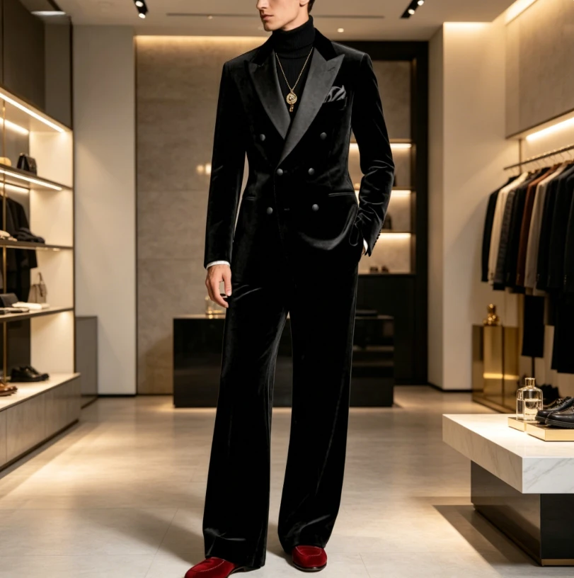 

Navy Blue Velvet Double Breasted Suit For Men Evening Dinner Tailor-made Fashion Blazer Pants 2 Pieces Elegant Male Slim Fit Set