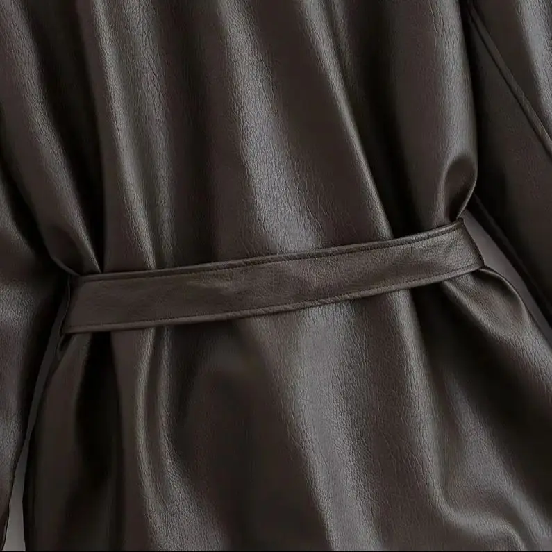 Diyigwoman autumn 2025 new fashion imitation leather with belt jacket retro long sleeve Joker lapel coat Outerwear Mujer