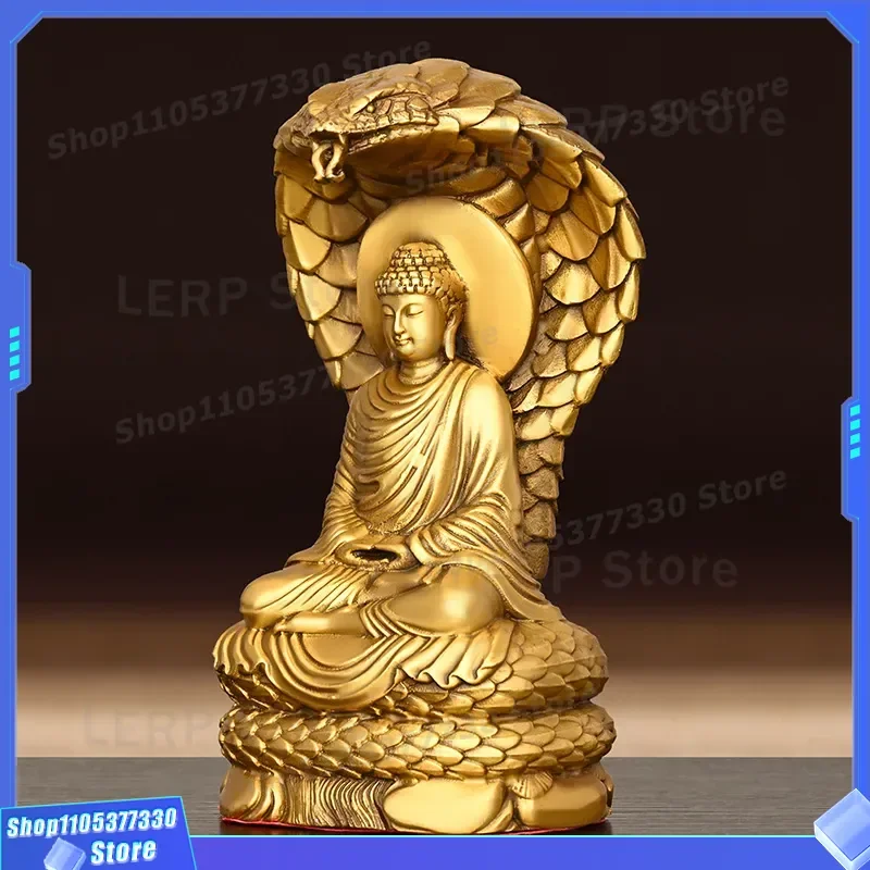 Pure Copper Sakyamuni Buddha Statue Brass Snake Protection Ornament for Home Buddhist Hall Decor Religious Craft Bronze