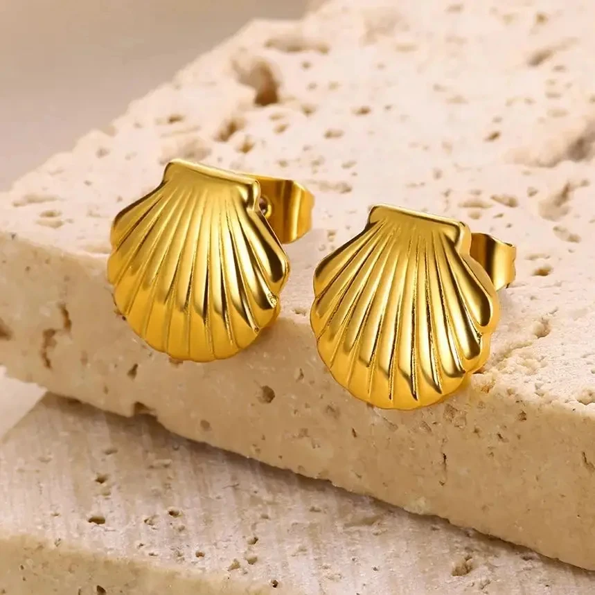 Stainless Steel Shell Stud Earring For Women Gold Color  Vintage Shell Piercing Earring 2024 Trend Wholesale Ocean Jewelry Gift