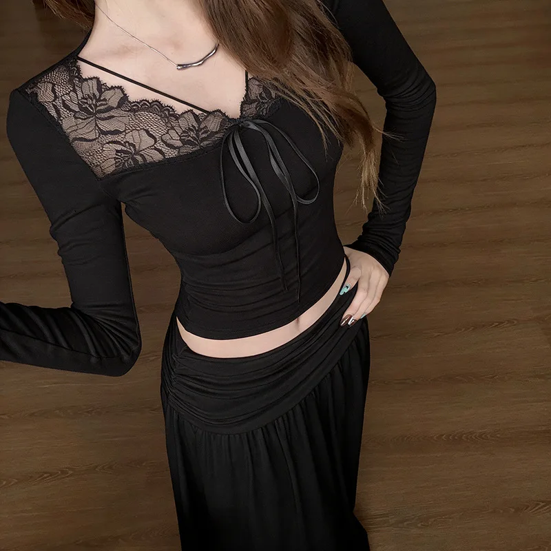 Harajuku French Gray Lace Trim Long Sleeve Crop Top High Waist Ruched Maxi Skirt 2-piece Set Lady Casual Flowy Loungewear Outfit