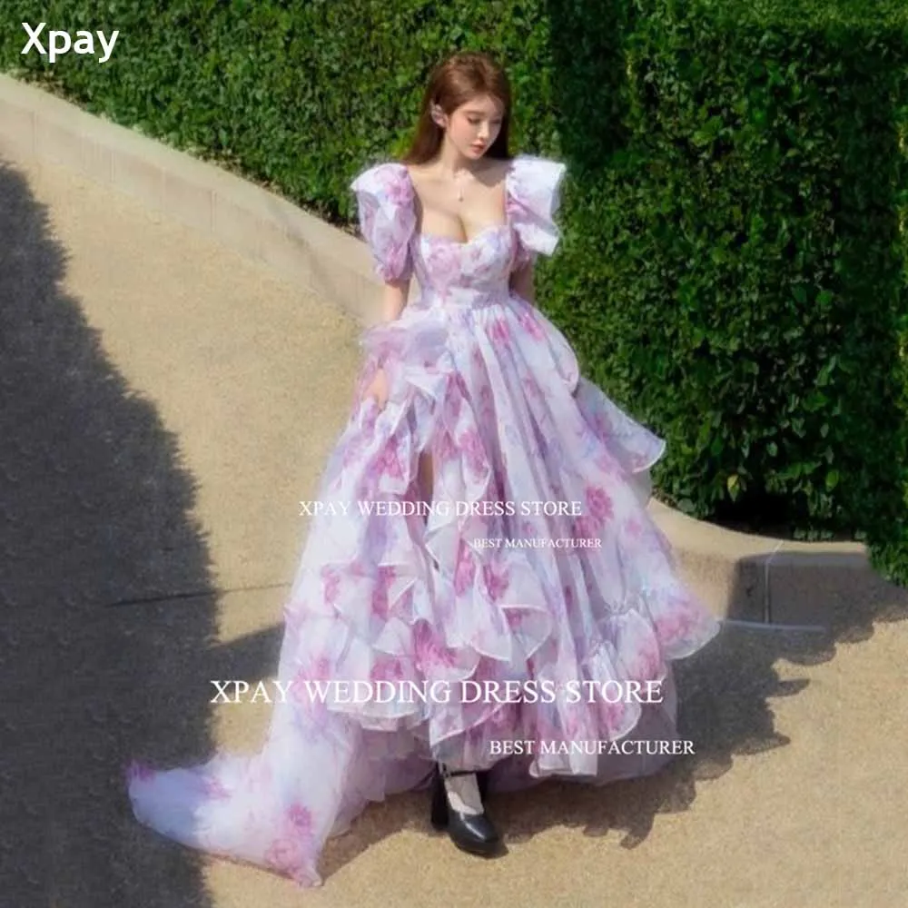 

XPAY Sweetheart Purple Floral Print Korea Evening Dresses Short Sleeves Photos Shoot Pleats Ruffles Princess Formal Party Gown