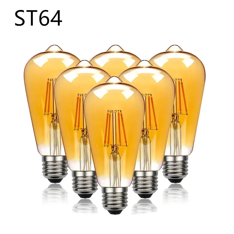

6 шт. Ретро лампа накаливания Эдисона 4 Вт 6 Вт 8 Вт 10 Вт 12 Вт 220 В 110 В с регулируемой яркостью ST64 Винтажные светодиодные лампы Янтарные стеклянные лампы для дома