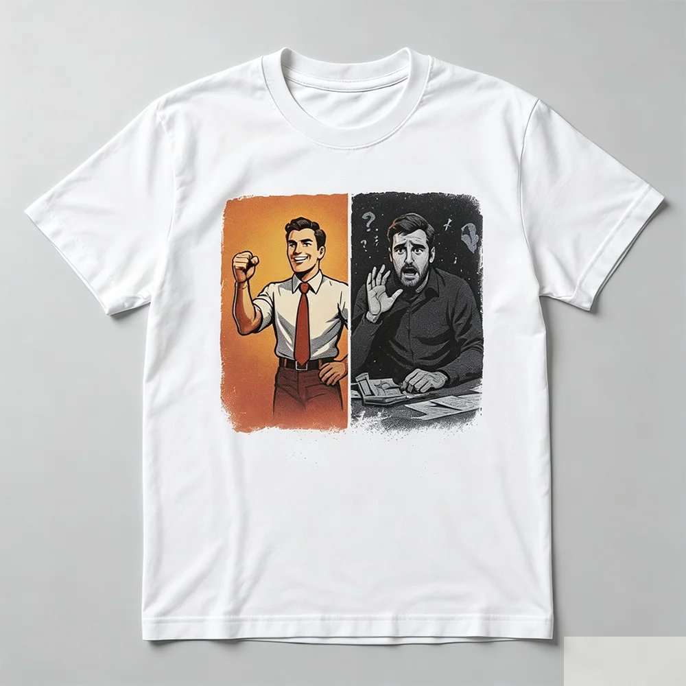 Unisex Vintage Contrast Graphic T-Shirt Split Panel Cartoon Design Hopeful Vs Stressed Office Worker Short Sleeve Tee for Kids