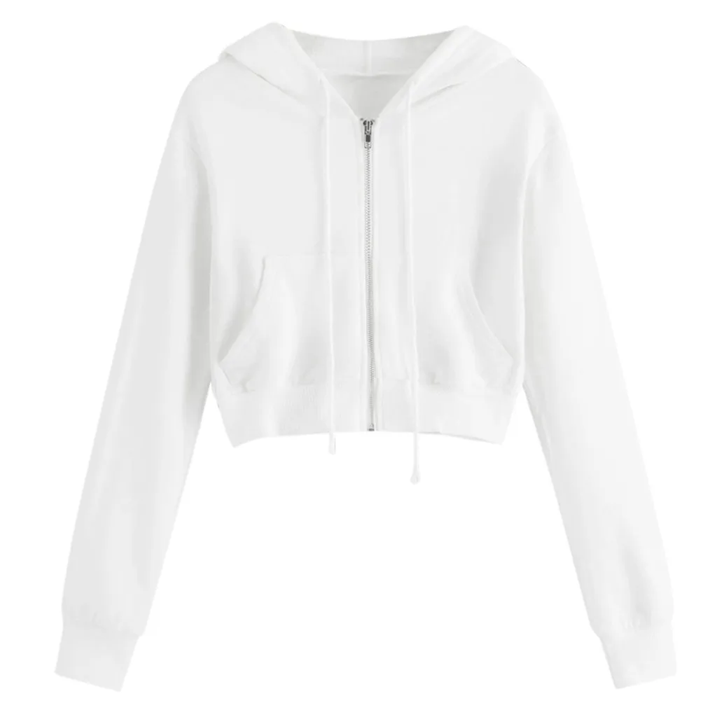 White Short Hooded Sweatshirt Women\'s Casual Solid Zipper Long Sleeve Shirt Crop Tops Pocket Women\'s Blouse Sweatshirt Spring