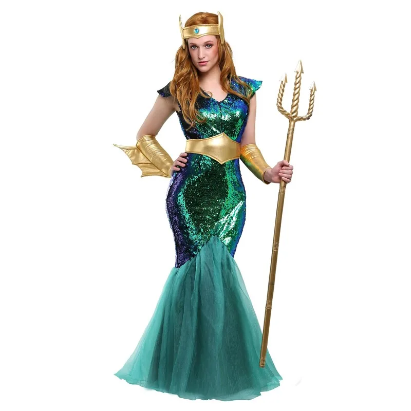 Halloween Sexy Adult Greek Mythology Neptune Mermaid Queen Double Cosplay Costume Masquerade Couple Masquerade Dress