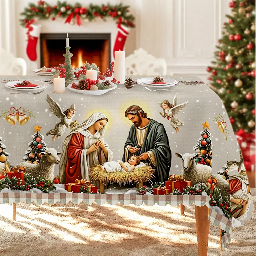 1Pc Christmas Tablecloth with Nativity Scene Yule Home Party Decor for Indoor Outdoor Xmas Round Rectangular Table Cloth dropshi