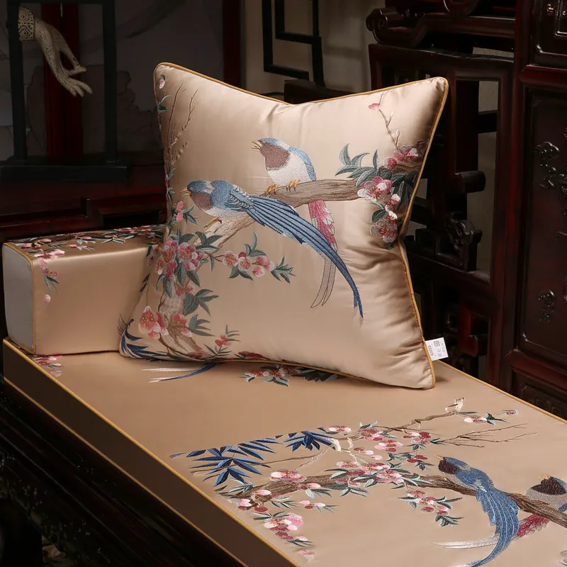 Chinese-style single-sided embroidered home sofa cushion cover with satin Rhododendron pattern for waist and back support