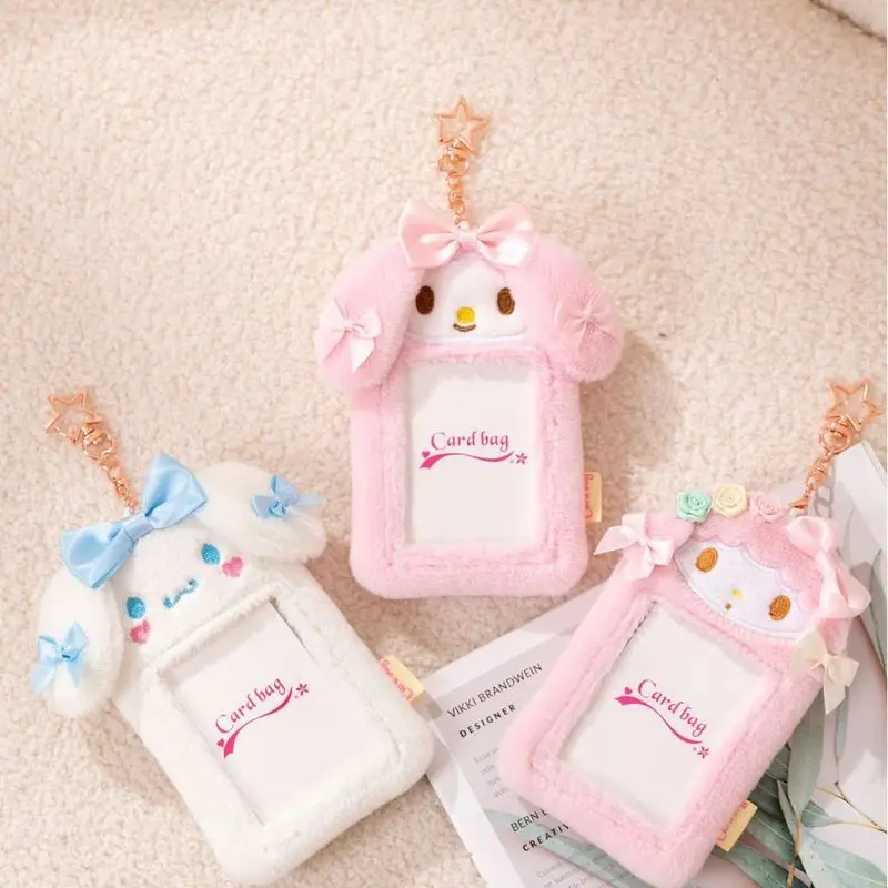 30pcs Cartoon Sanrio Plush Card Mymelody Pompom Purin Cinnamoroll Id Holder Keychain Bus Card Student Campus Card with Lanyard