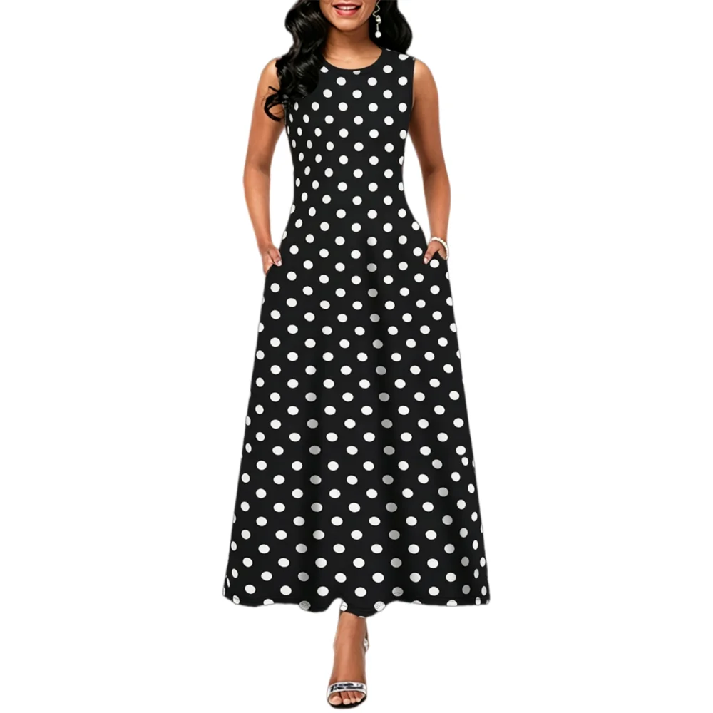 Damen Freizeitkleider Sommer Stilvolles Polka-Dot-Print Ärmelloses Kleid mit Rundhalsausschnitt und Taschen Modische Elegante Partykleider