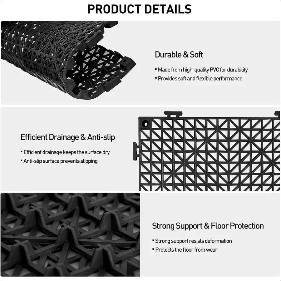 18 Pack 12" x 12" Modular Interlocking Floor Mats Soft PVC NonSlip Drainage Tiles Splicing Rubber Cushion Flooring for Deck Sho