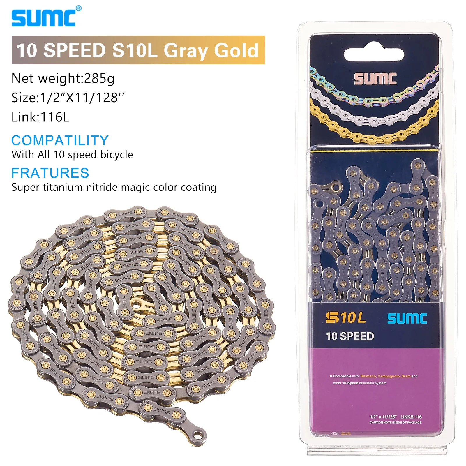 Bicycle Shifting Chain SUMC Mountain Road 8 9 10 11 12 Speed Hollow Ultra Light Gold Chain 251g with Missinglink M8000 M6000