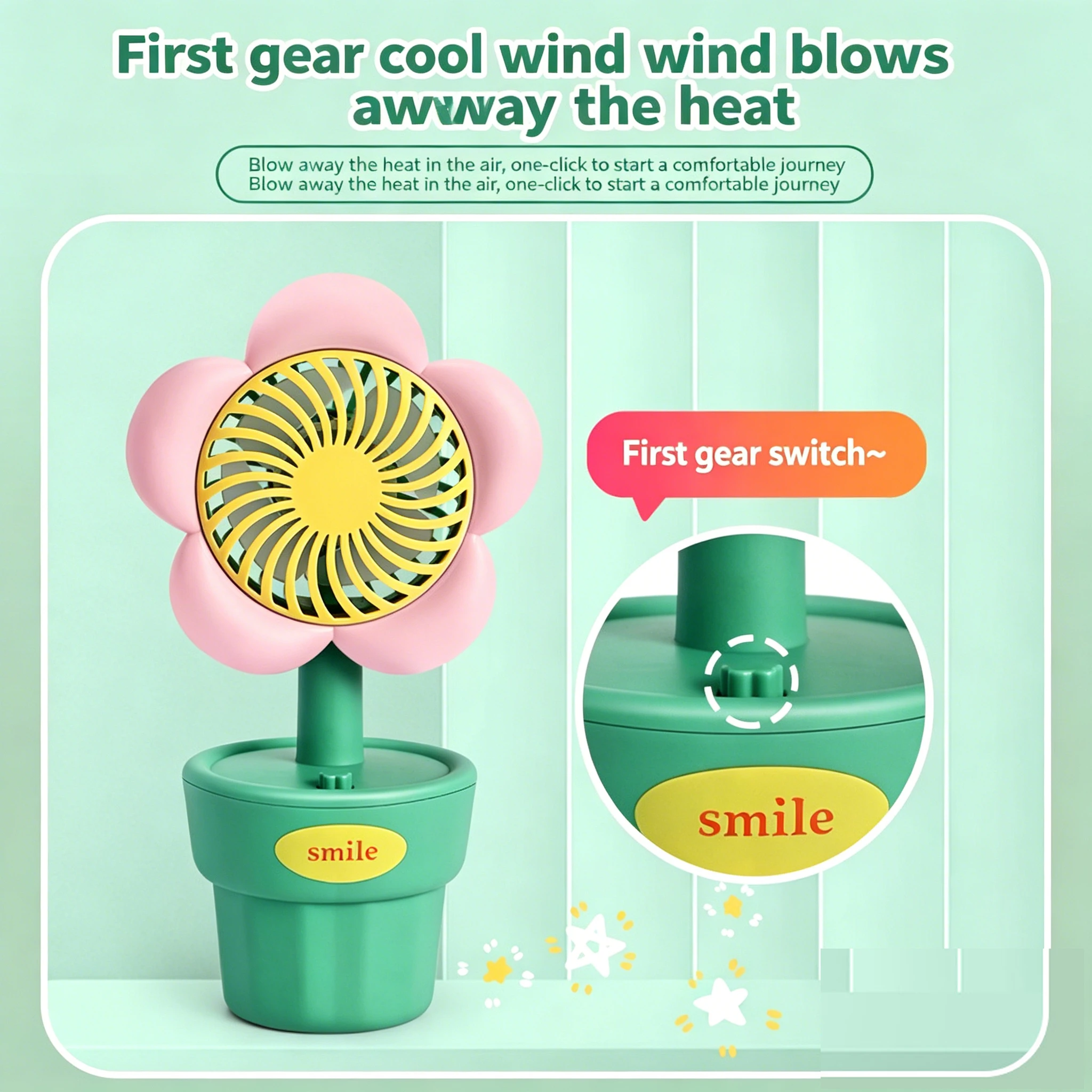 Sunflower Shape Mini Desk Fan USB Rechargeable Portable Cooling Fan Cartoon Cute Small Fan for Office Home Outdoor Children Kid