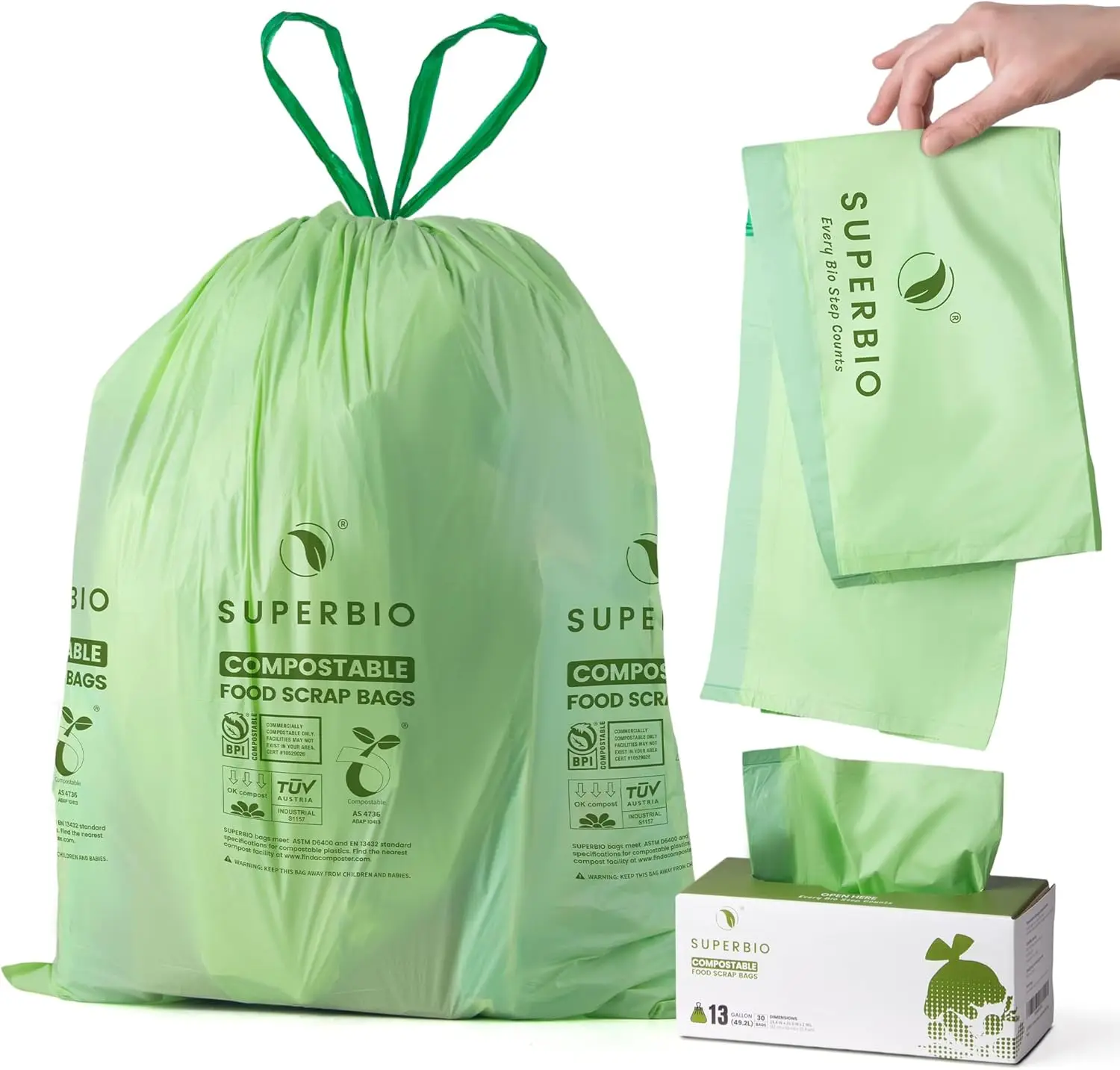

13 Gallon Compostable Drawstring Kitchen Waste Bags, 49.2L, 30 Count, 1 Mil, Heavy Duty Food Scrap Bags