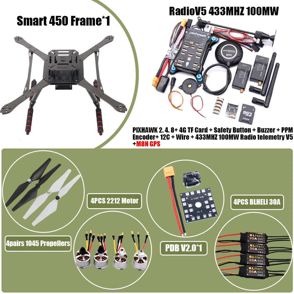 PIXHAWK2.4.8 contrôle de vol en Fiber de carbone Smart450 Kit de cadre Ardupilot 100MW radio télémétrie quadrirotor BLHELI 30A ESC 2212 moteur