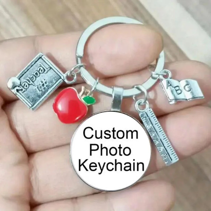 Teacher customized picture LOGO, private pattern keychain, red apple, ruler, and book accessories are perfect for Teacher's Day