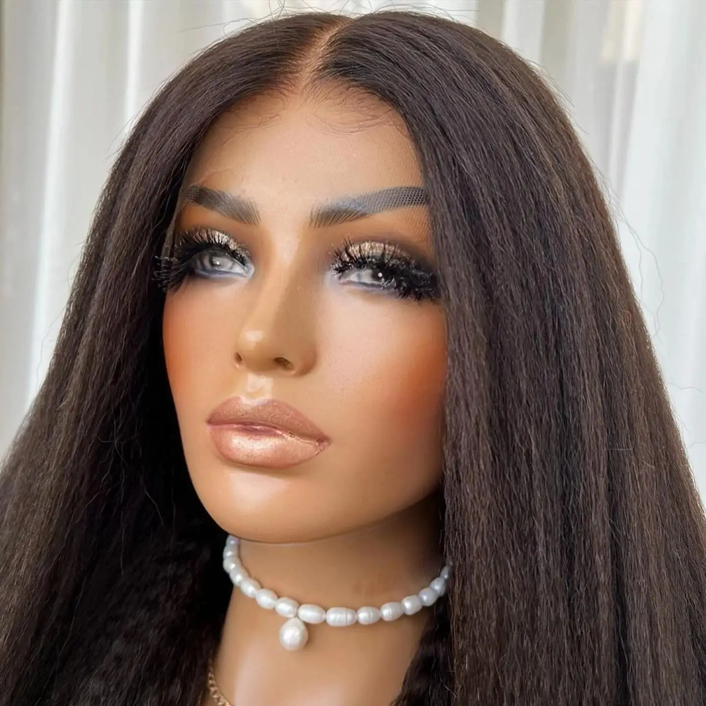 Dark Brown Soft 26Inch 180Density Glueless Long Preplucked Yaki Kinky Straight Lace Front Wig For Women With Baby Hair Daily