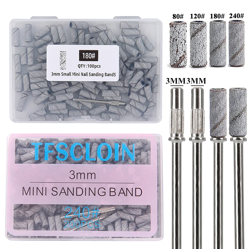 200/100pcs 3mm Mini Sanding Bands with Mandrel Set Electric Manicure Accessories Tool For Dead Skin Remove 80/120/180/240 Grits