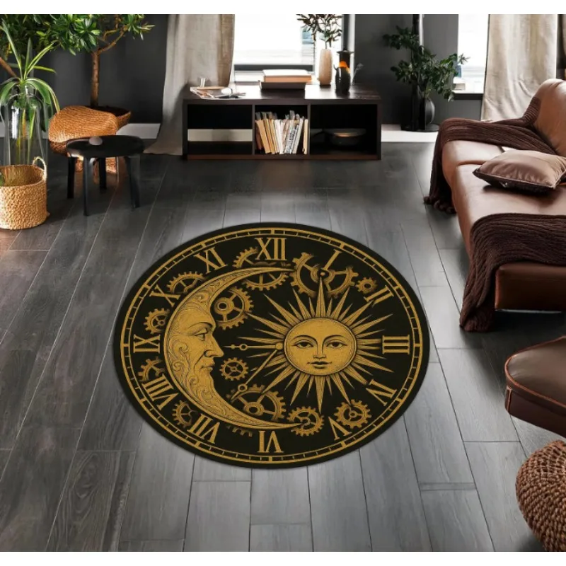 Mystical Round Sun and Moon Rug Celestial Zodiac Design with Clockwork Details Gothic Astrology Home Decor Rug So Fashionable