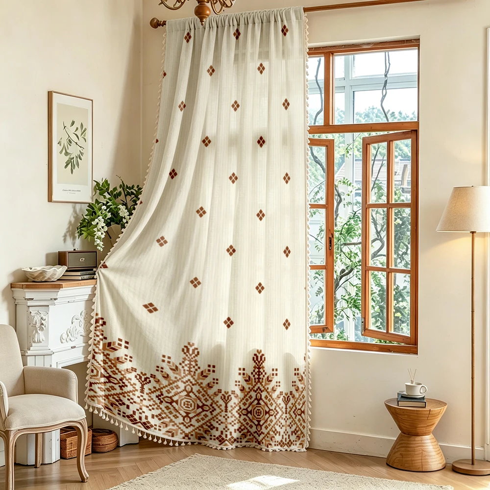 1PC Vintage Tassel Sheer Curtains, Brown Diamond Knit, Digital Print, Linen Polyester, Bedroom Living Room, Home Decor