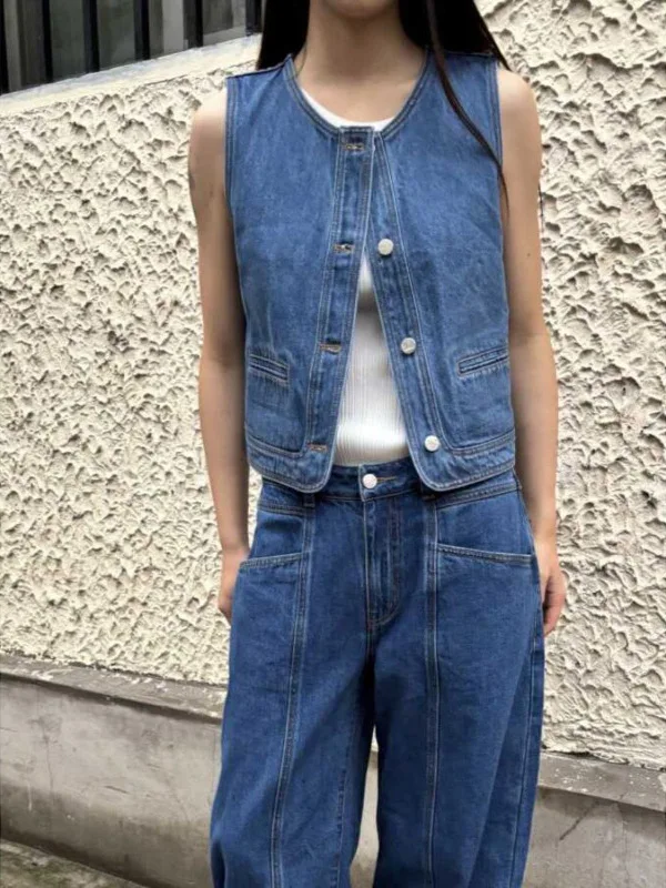 

Retro Floor-Length Short Denim Vest Set Women's Wide-Leg Pants Arcuate Design Layered Wear Casual Comfortable Polyester Fiber
