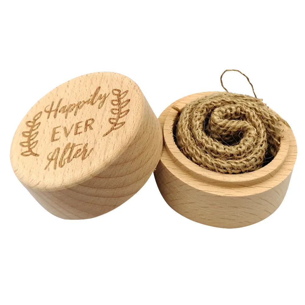 Rustic Wooden Ring Box Vintage Round Style Romantic Sweet Words Engraved Ideal for Wedding Engagement Valentine Proposal Ring
