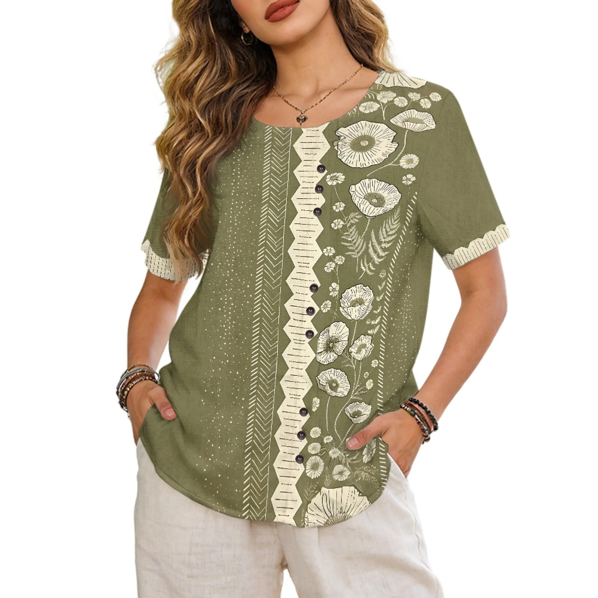 

INSTANTARTS Women's Linen Short-Sleeved Shirt Womens Linen Tops Dressy Casual Linen Tops Trendy Pullover Tee Crew Neck Shirts