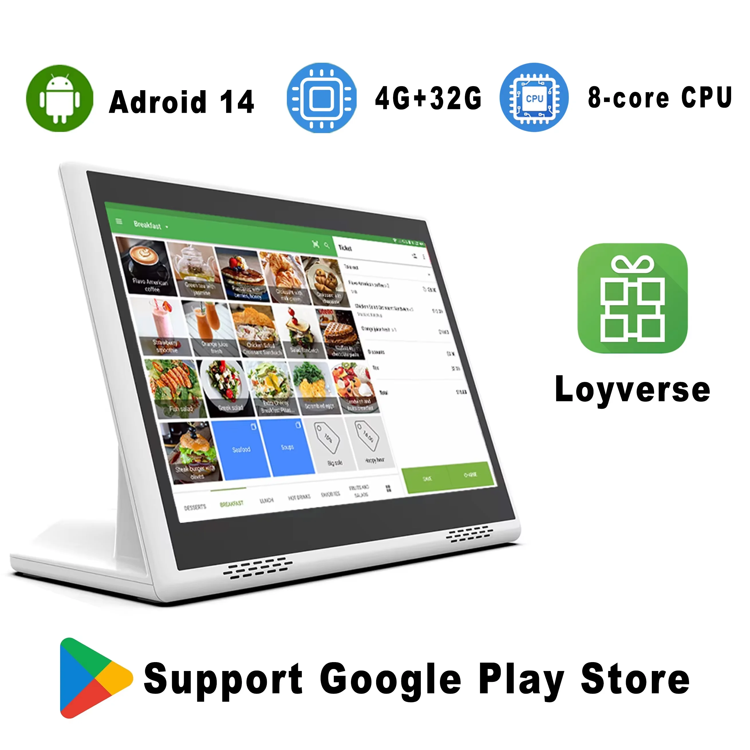 

10.1 Inch 8-core Android 14 Desktop POS 4G+32G Restaurant POS Loyverse Supported L Shape Menu Tablet Customer Self-service Kiosk