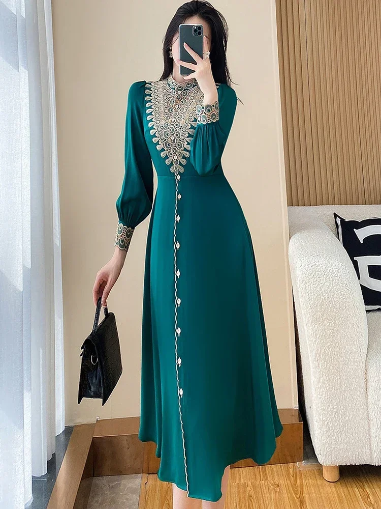 Retro Fashion Embroidery Patchwork Autumn Dresses for Women 2023 Long Sleeve Green Vintage Vestidos Para Mujer Elegant Robe