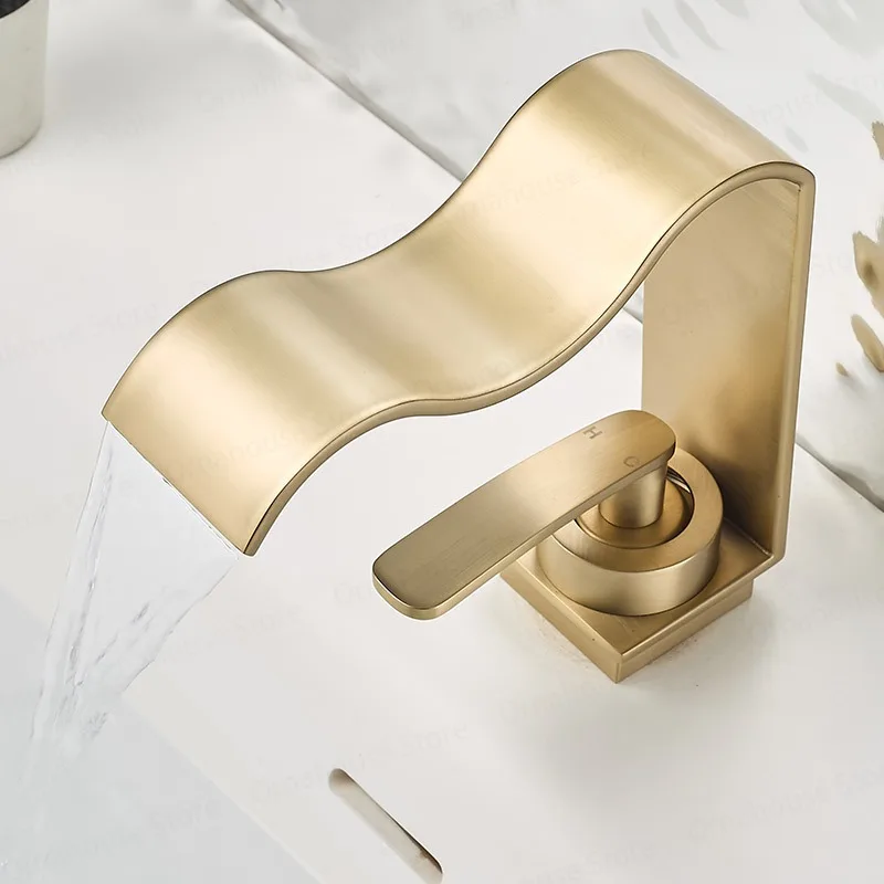 حوض صنبور فاخر نحى الذهب بالوعة الحمام صنبور سطح الخيالة الساخن الباردة النحاس 1 حفرة صنبور المياه مغسلة الغرور الصنابير #5