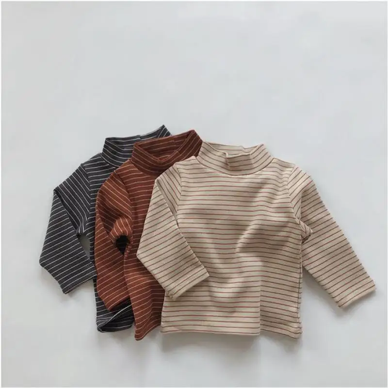 

Winter New Children Long Sleeve Fleece Bottoming Shirts Baby Boys Girls Thick Striped Pullover Cotton Kids Plus Velvet Warm Tops