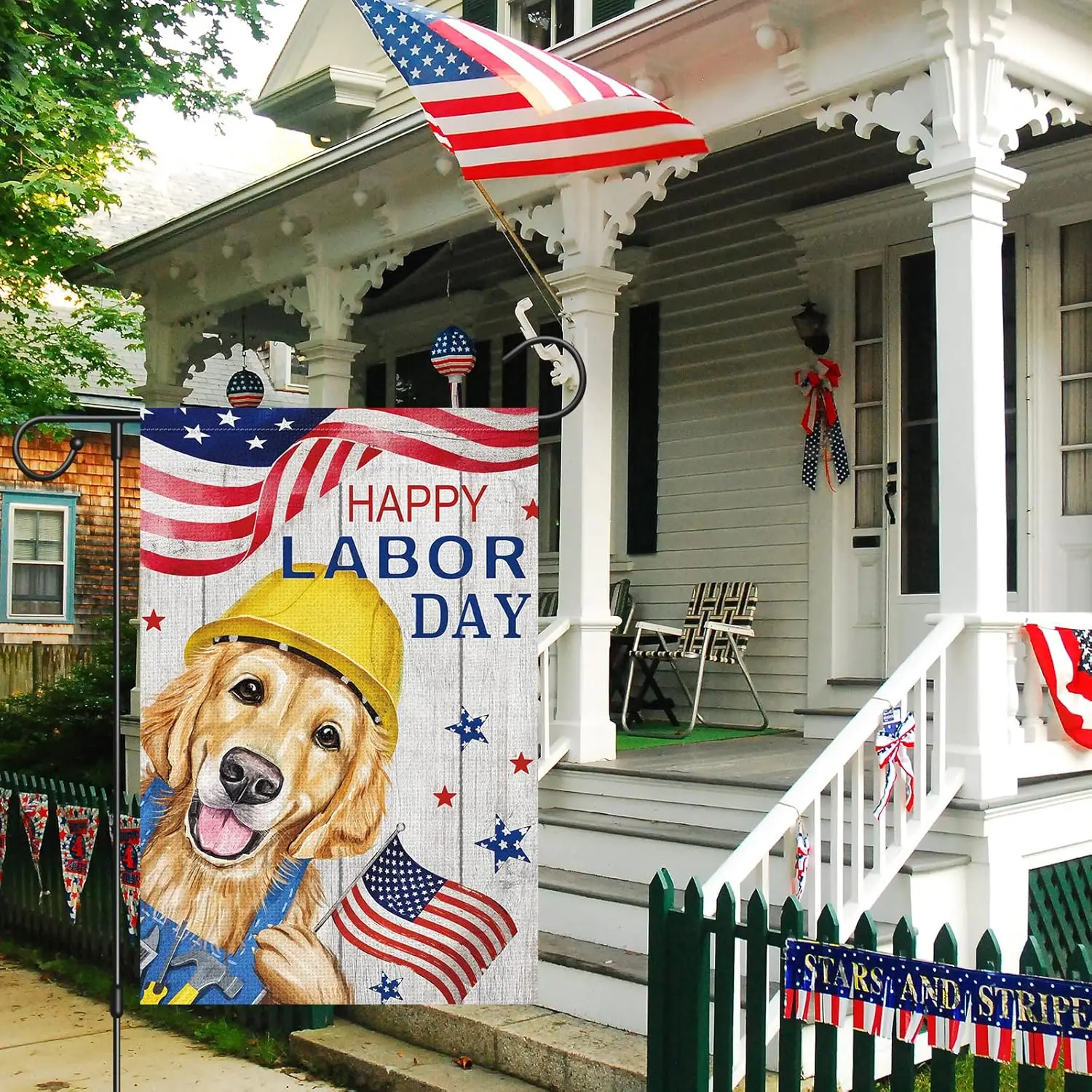 Louise Maelys Happy Labor Day Garden Flag 12x18 Double Sided Vertical, Burlap Small Golden Retriever Dog Garden Yard House USA F