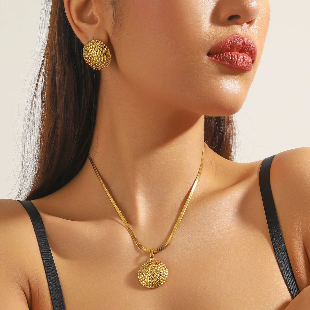 DIEYURO 316L Stainless Steel Golden Round Cushion Pendant Snake Bones Necklace Earrings Set For Womens New Fashion Jewelry Gift