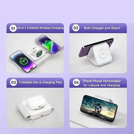 3-in-1 Wireless Charging Station for Apple MagSafe Charger, Foldable Magnetic Travel Charger for iPhone Apple Watch AirPods Pro